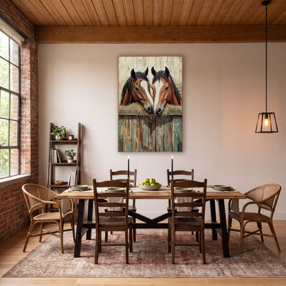 Two Bay Horses Western Rustic wall art in a rustic western-style room – two bay horses with white blazes and black