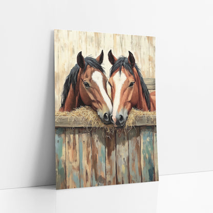 Two Bay Horses Western Rustic art print leaning against a white wall – two bay horses with white blazes and black manes share