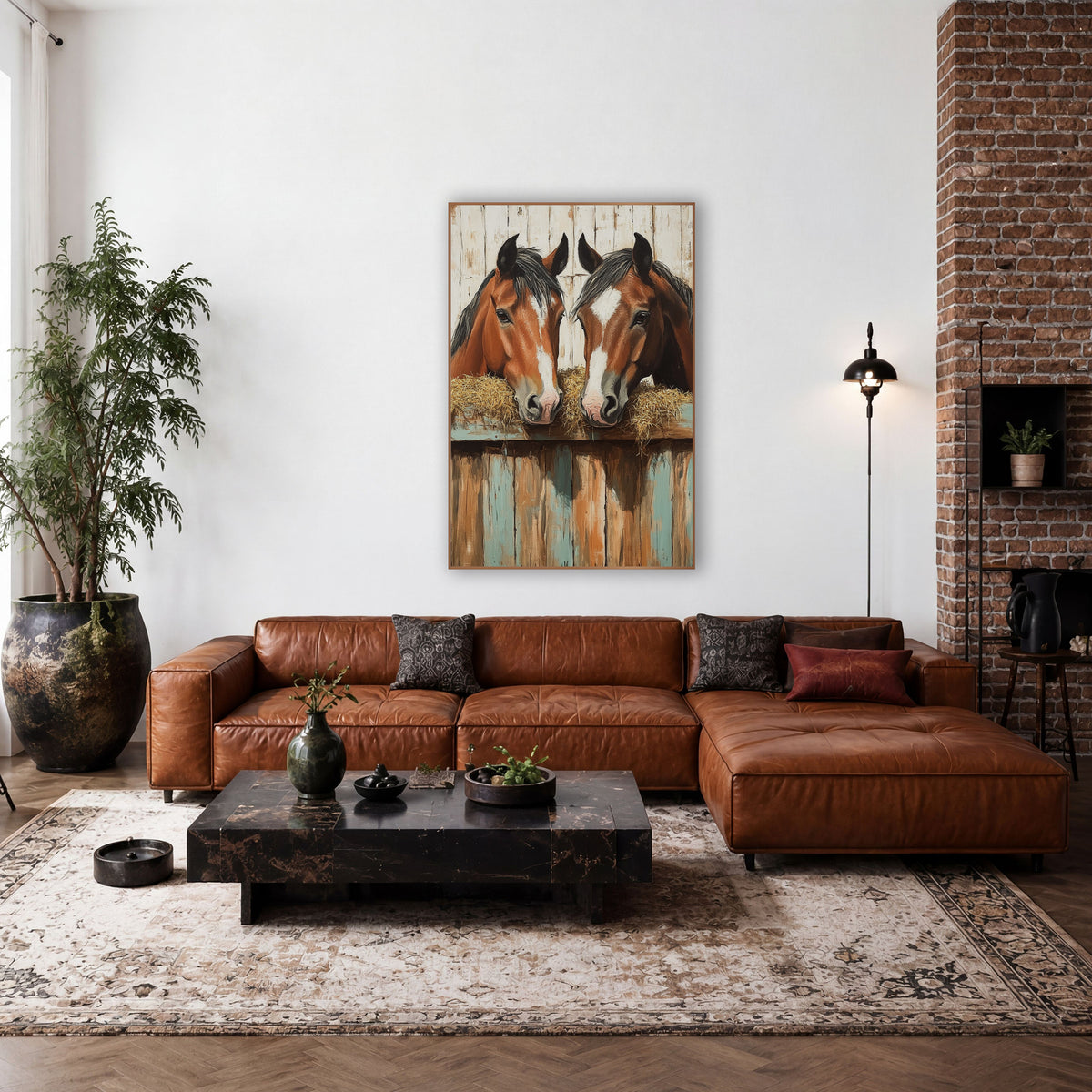 Two Bay Horses Rustic Western wall art in a rustic western-style room – two chestnut horses with white blazes sharing