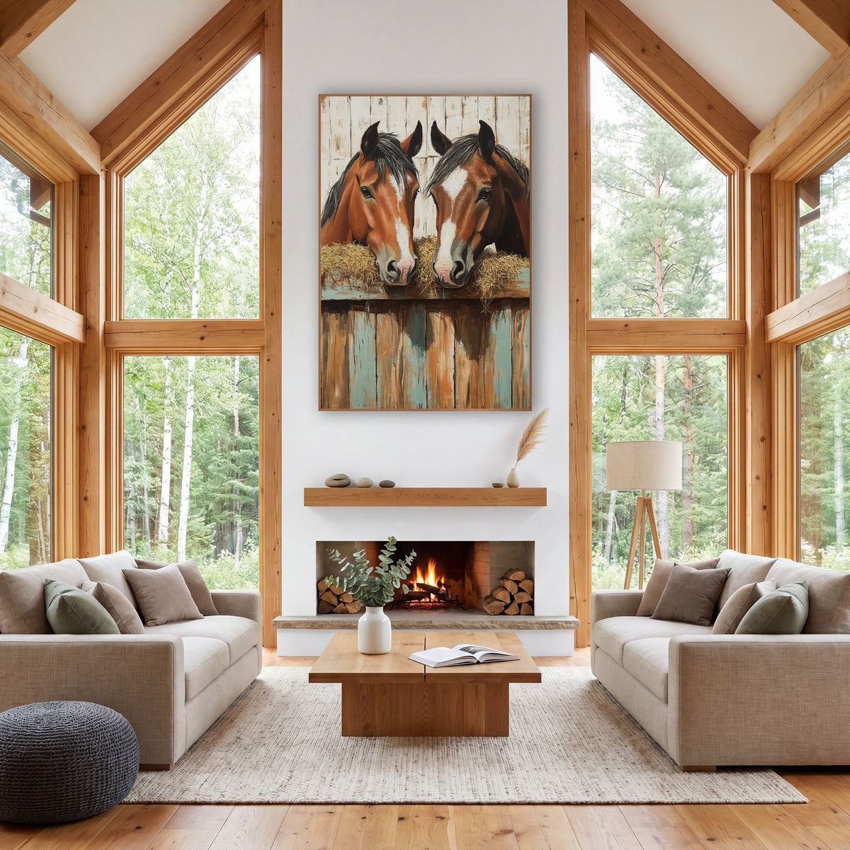 Two Bay Horses Rustic Western wall art in a rustic western-style room – two chestnut horses with white blazes sharing