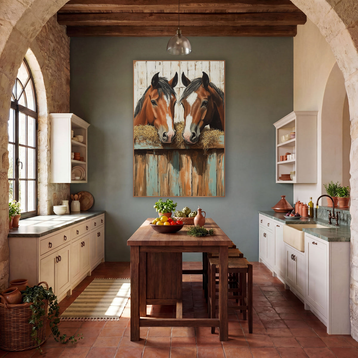 Two Bay Horses Rustic Western wall art in a rustic western-style room – two chestnut horses with white blazes sharing