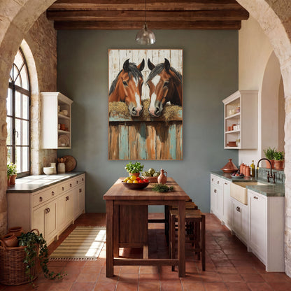 Two Bay Horses Rustic Western wall art in a rustic western-style room – two chestnut horses with white blazes sharing
