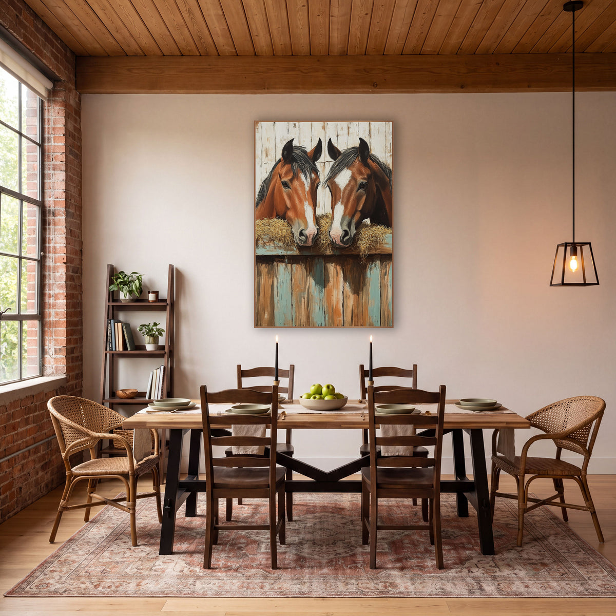 Two Bay Horses Rustic Western wall art in a rustic western-style room – two chestnut horses with white blazes sharing
