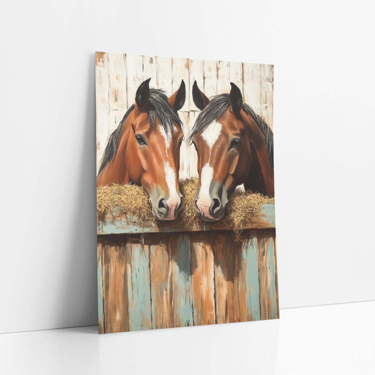 Two Bay Horses Rustic Western art print leaning against a white wall – two chestnut horses with white blazes sharing hay