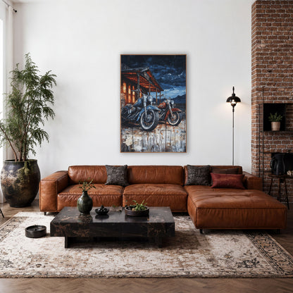 Copper Porch Twin Cruisers Rustic wall art in a rustic western-style room – blue and red motorcycles parked outside