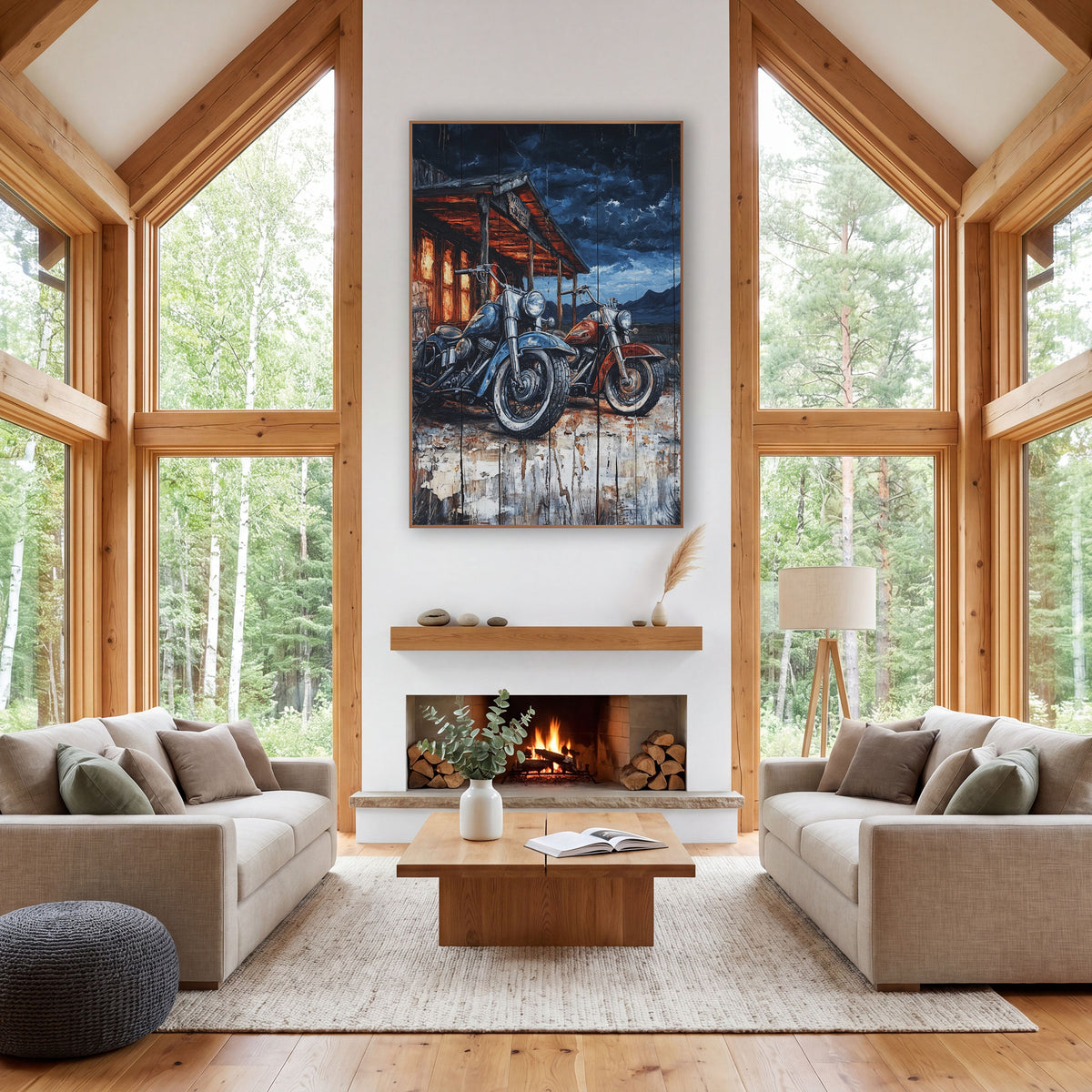 Copper Porch Twin Cruisers Rustic wall art in a rustic western-style room – blue and red motorcycles parked outside