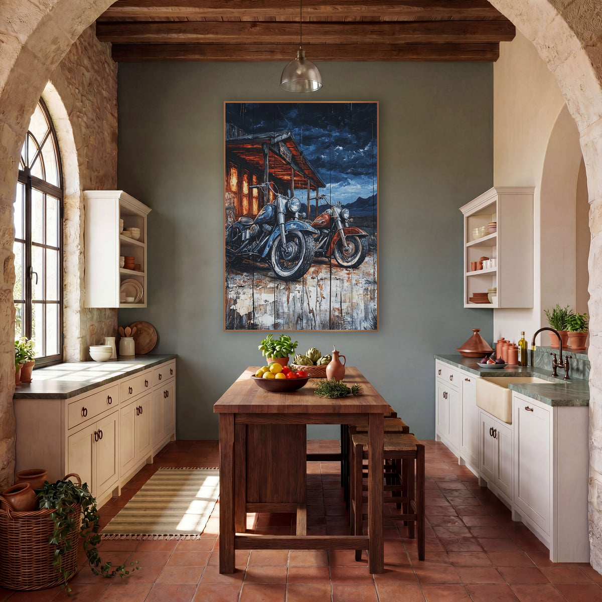 Copper Porch Twin Cruisers Rustic wall art in a rustic western-style room – blue and red motorcycles parked outside