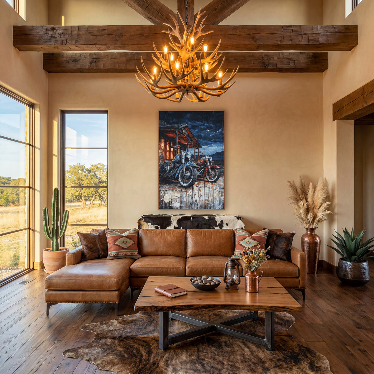 Copper Porch Twin Cruisers Rustic wall art in a rustic western-style room – blue and red motorcycles parked outside