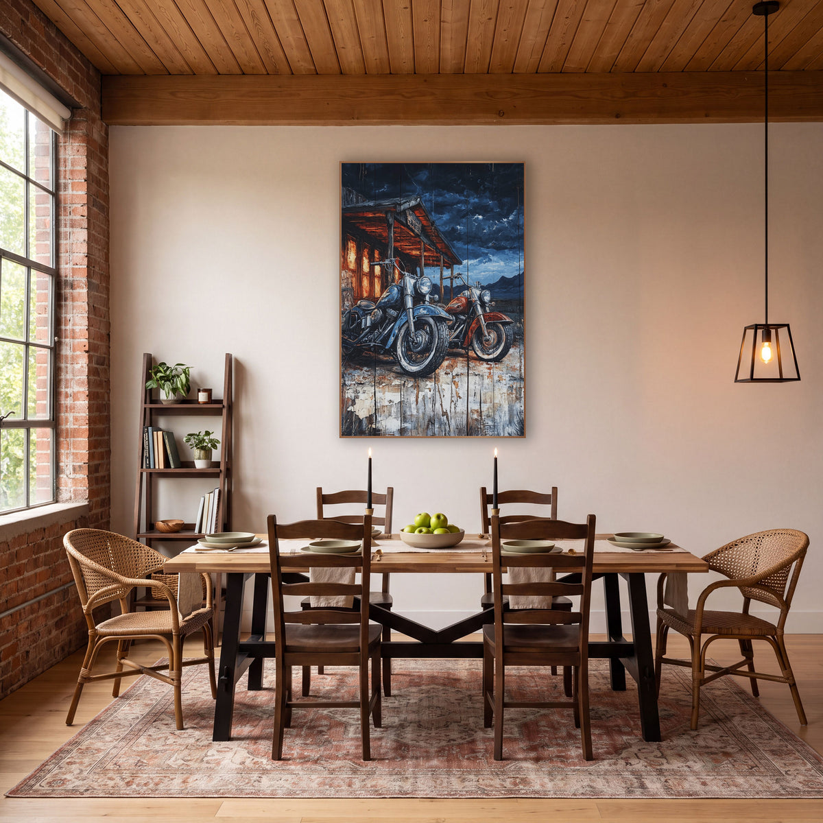 Copper Porch Twin Cruisers Rustic wall art in a rustic western-style room – blue and red motorcycles parked outside