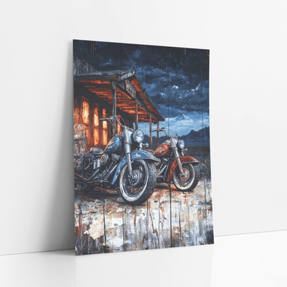 Copper Porch Twin Cruisers Rustic art print leaning against a white wall – blue and red motorcycles parked outside a glowing