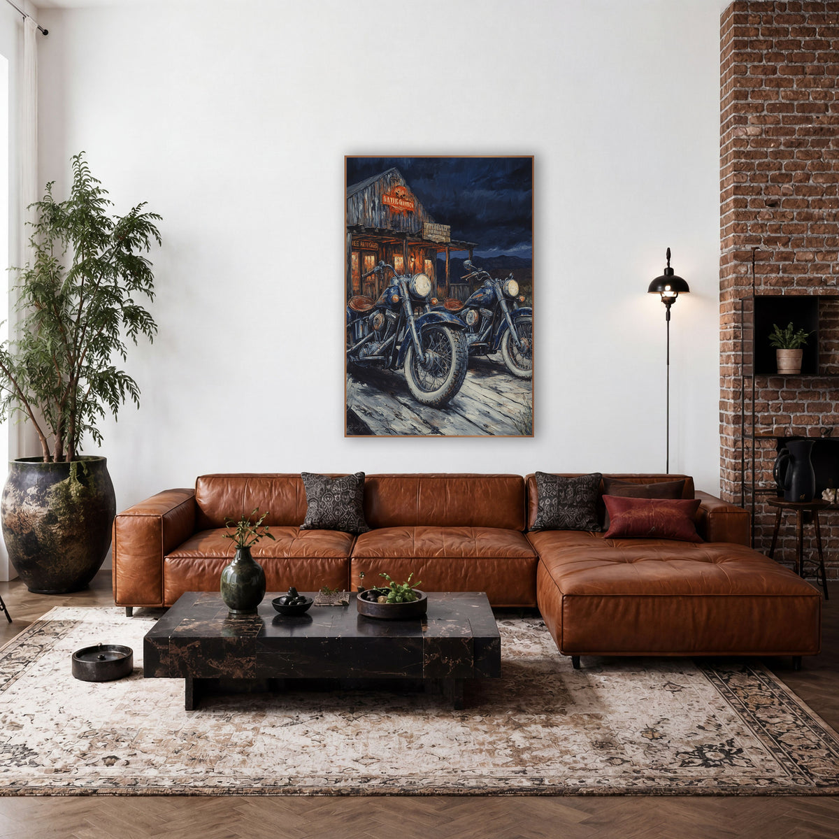 Navy Motorcycles Roadhouse Western Rustic wall art in a rustic western-style room – two navy vintage motorcycles