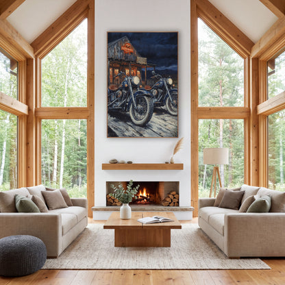 Navy Motorcycles Roadhouse Western Rustic wall art in a rustic western-style room – two navy vintage motorcycles