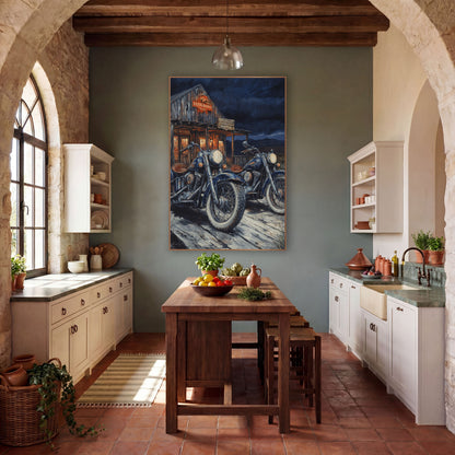 Navy Motorcycles Roadhouse Western Rustic wall art in a rustic western-style room – two navy vintage motorcycles