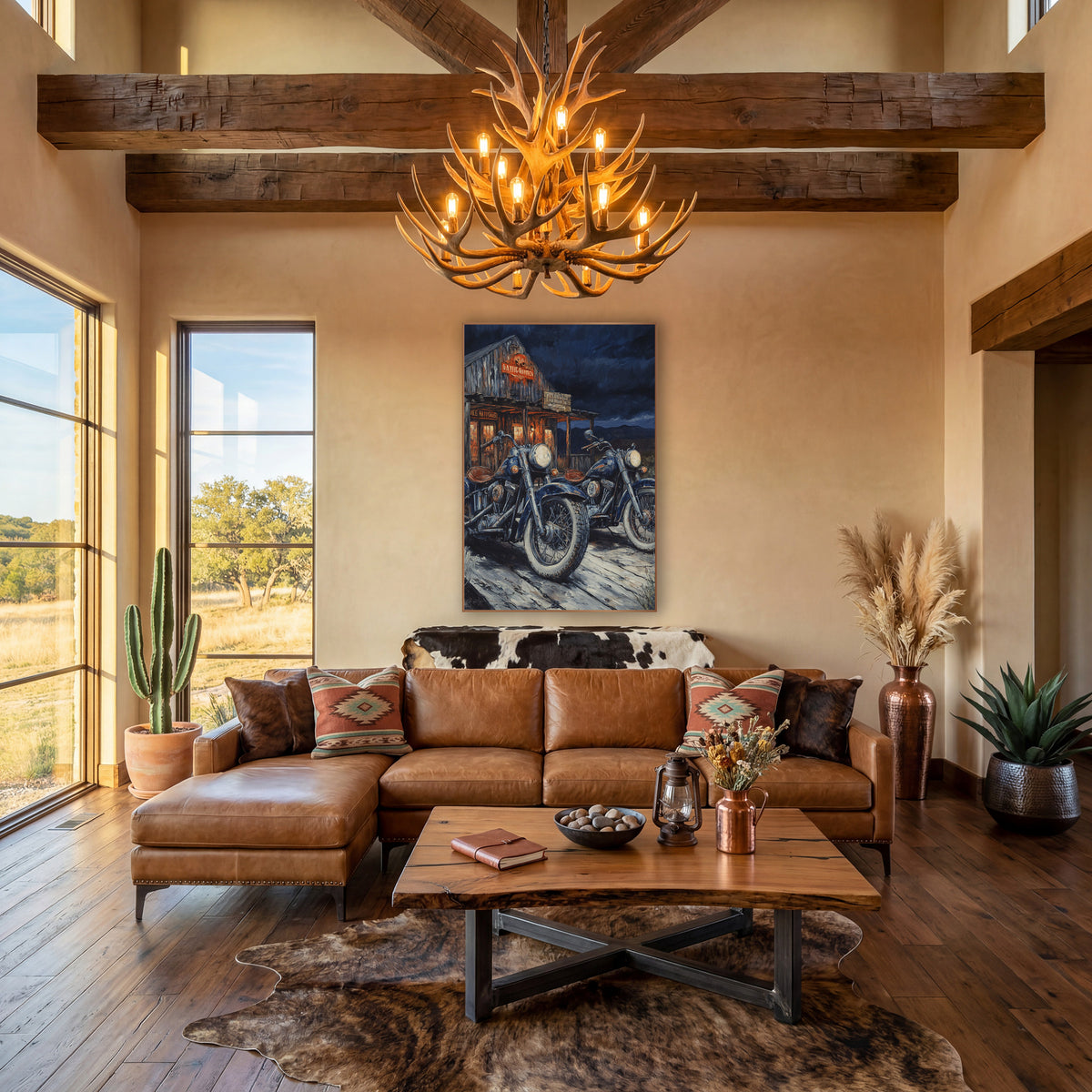 Navy Motorcycles Roadhouse Western Rustic wall art in a rustic western-style room – two navy vintage motorcycles