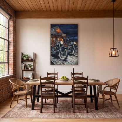 Navy Motorcycles Roadhouse Western Rustic wall art in a rustic western-style room – two navy vintage motorcycles