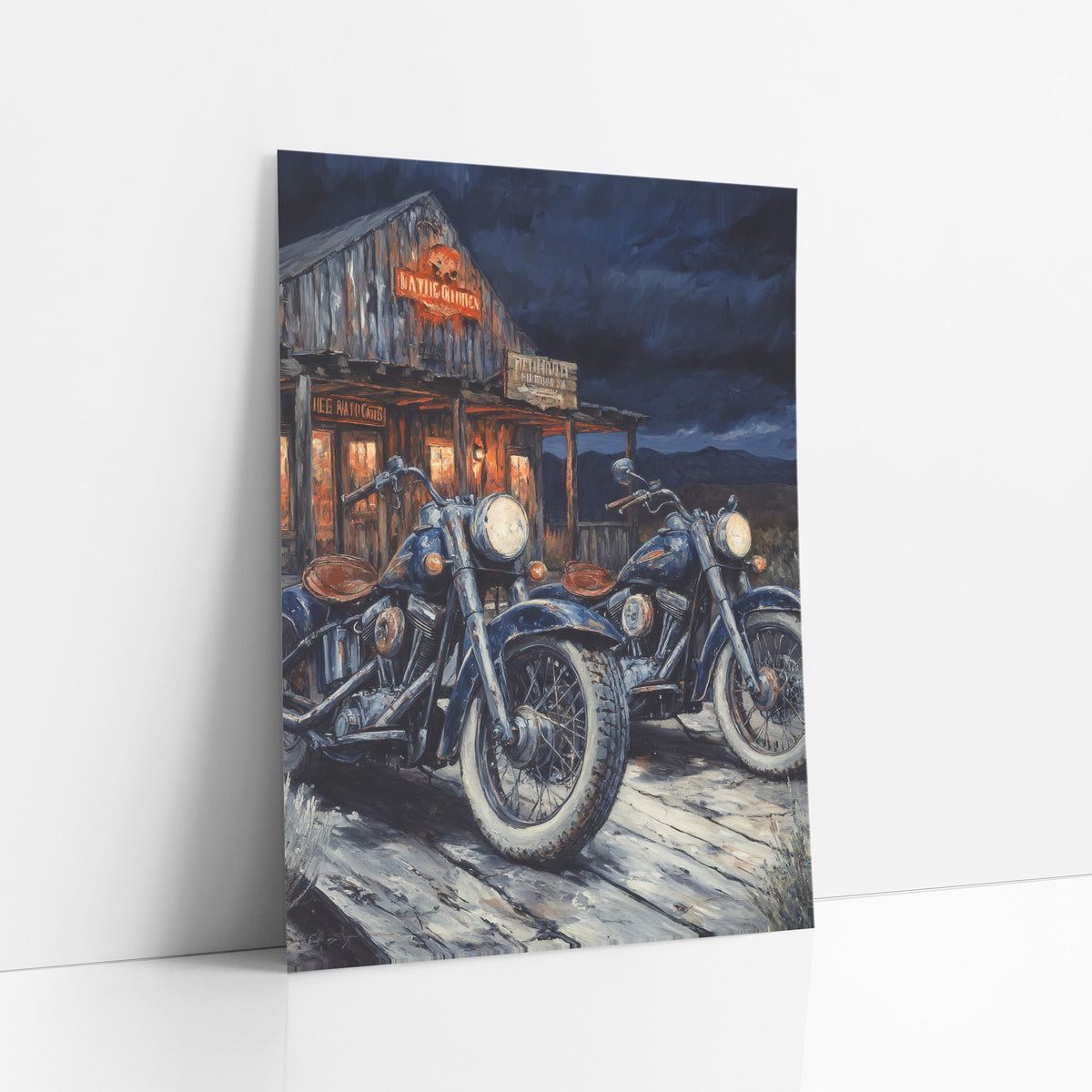 Navy Motorcycles Roadhouse Western Rustic art print leaning against a white wall – two navy vintage motorcycles parked