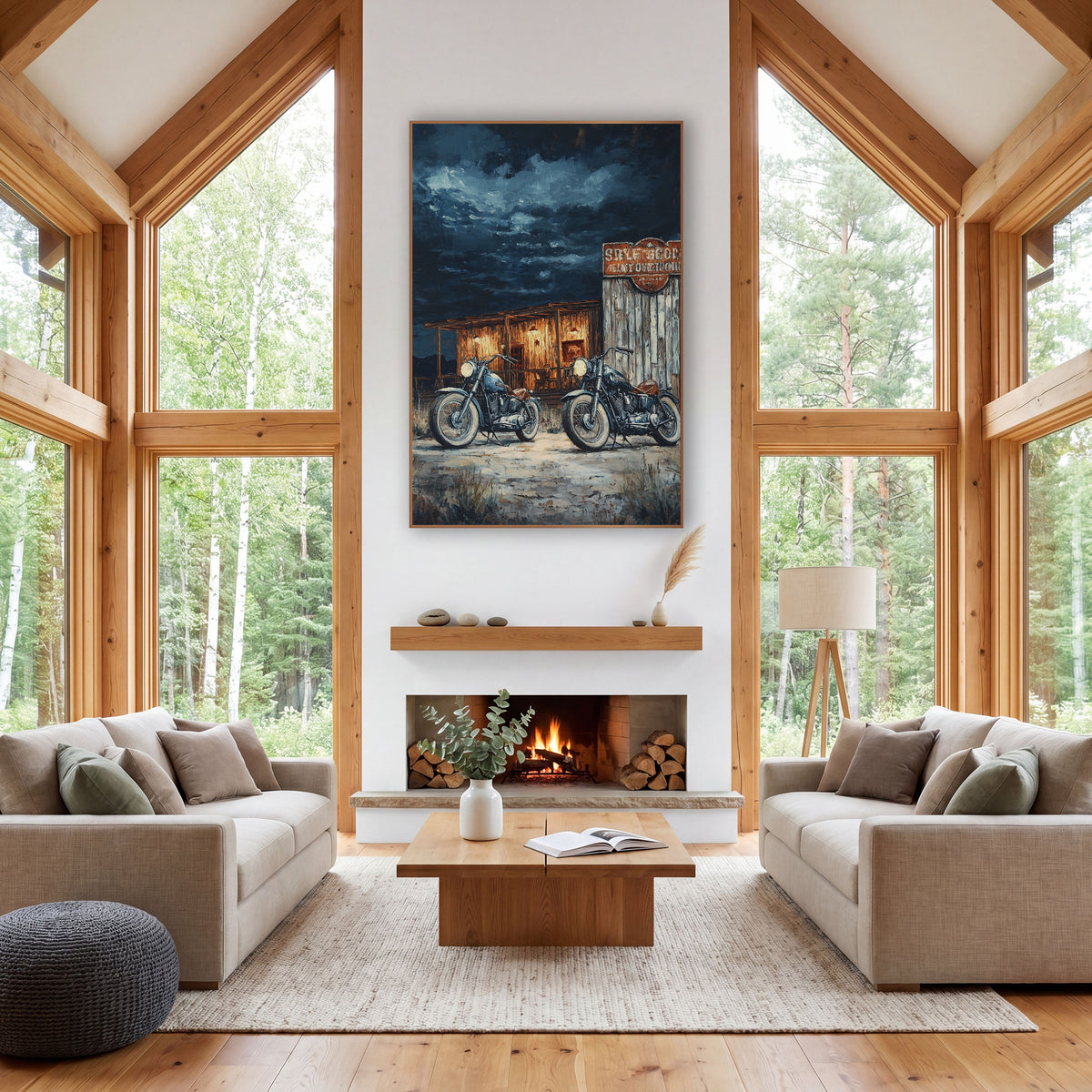 Vintage Motorcycles Desert Roadhouse Western wall art in a rustic western-style room – two vintage motorcycles parked