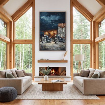 Vintage Motorcycles Desert Roadhouse Western wall art in a rustic western-style room – two vintage motorcycles parked