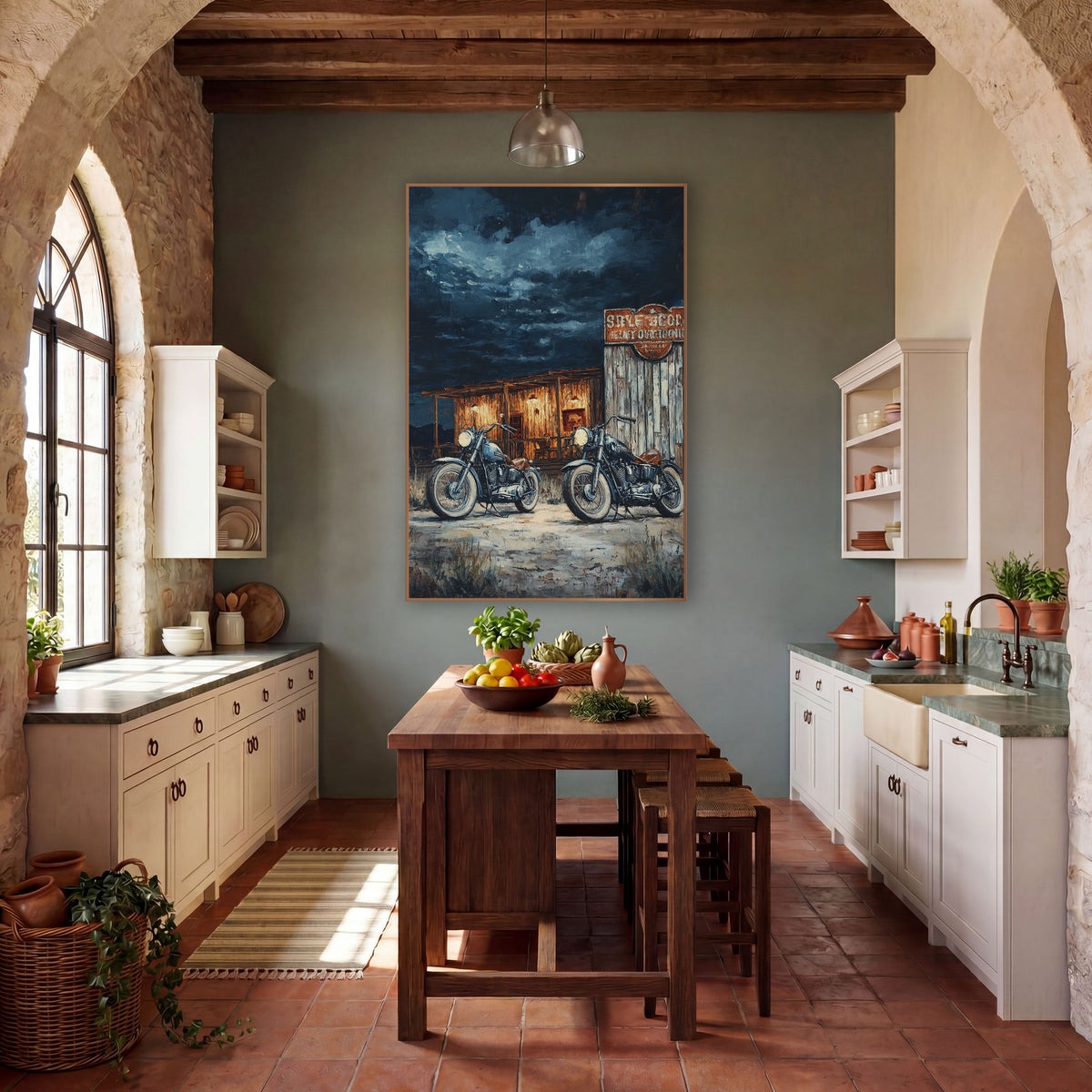 Vintage Motorcycles Desert Roadhouse Western wall art in a rustic western-style room – two vintage motorcycles parked