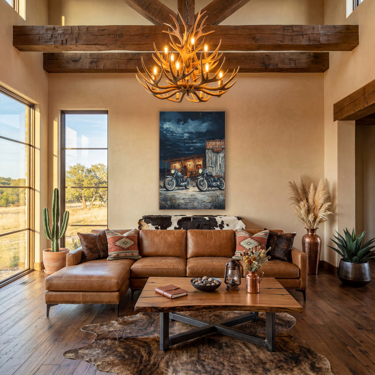 Vintage Motorcycles Desert Roadhouse Western wall art in a rustic western-style room – two vintage motorcycles parked