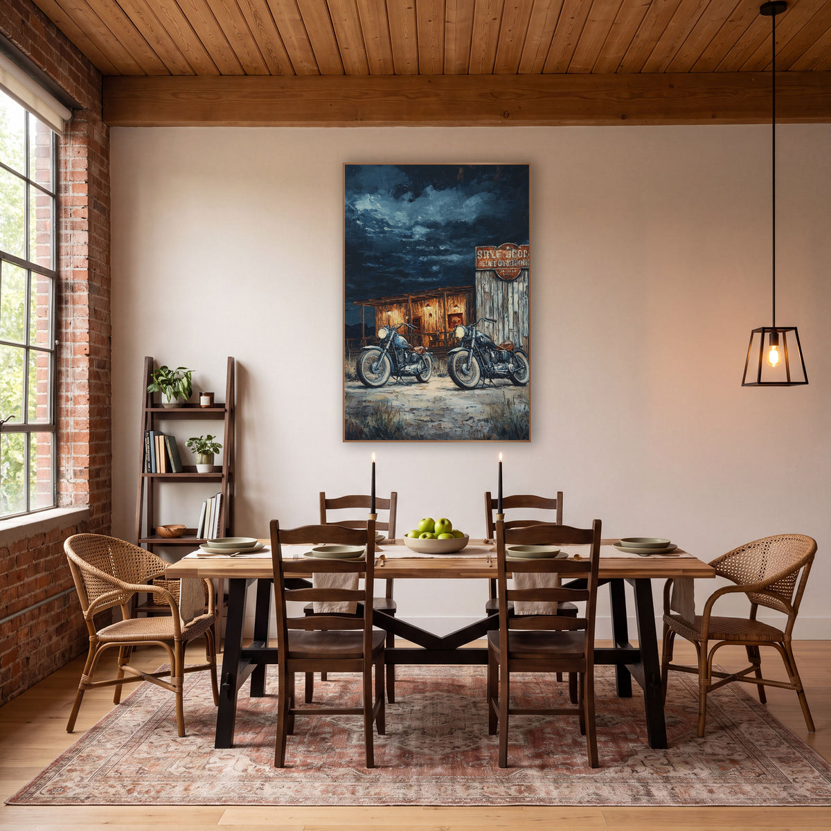 Vintage Motorcycles Desert Roadhouse Western wall art in a rustic western-style room – two vintage motorcycles parked