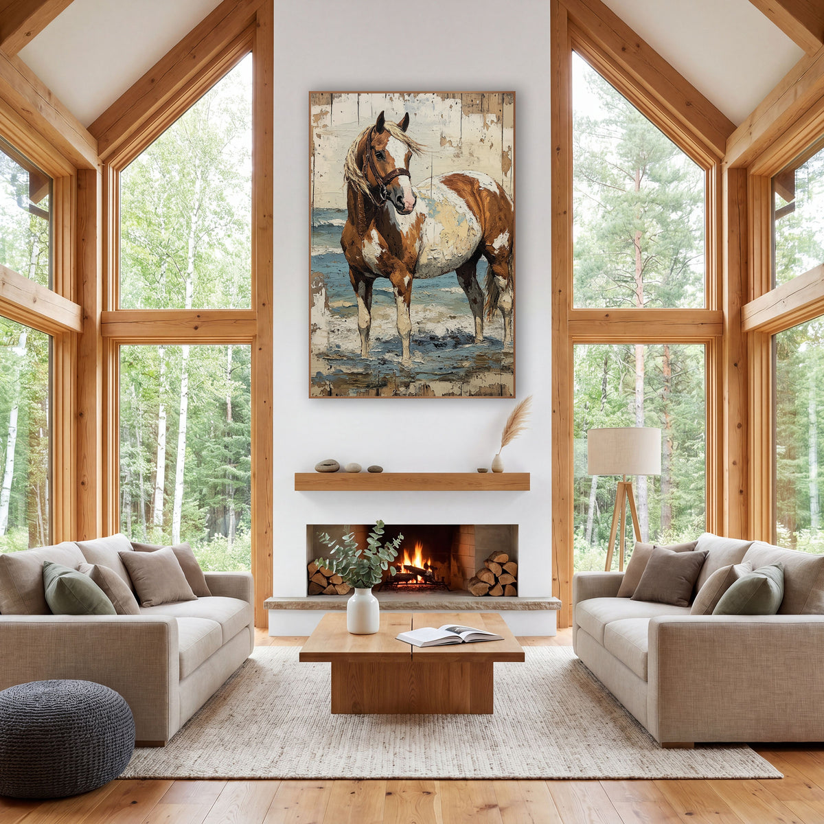 Chestnut Paint Horse Wading Rustic wall art in a rustic western-style room – chestnut and white paint horse