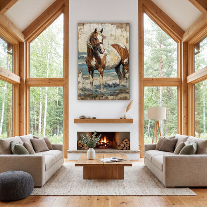 Chestnut Paint Horse Wading Rustic wall art in a rustic western-style room – chestnut and white paint horse