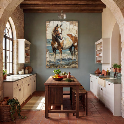 Chestnut Paint Horse Wading Rustic wall art in a rustic western-style room – chestnut and white paint horse