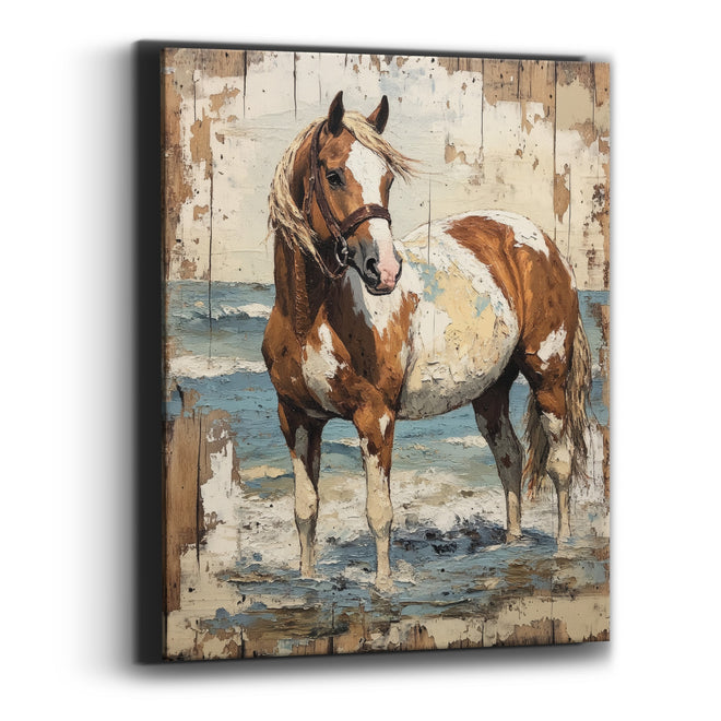 Chestnut Paint Horse Wading Rustic Canvas Wall Art