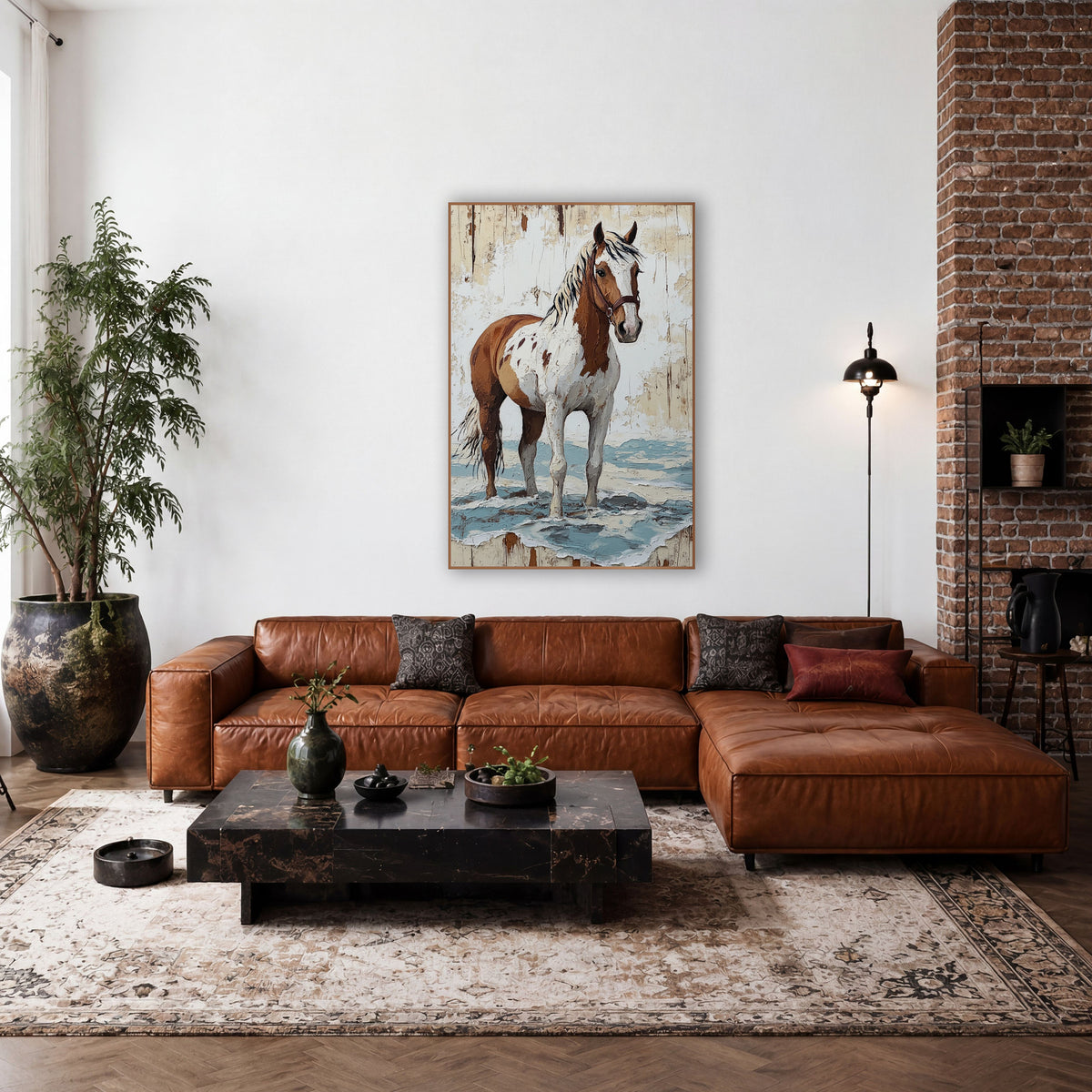 Brown and White Paint Horse Western wall art in a rustic western-style room – brown and white paint horse in a leather