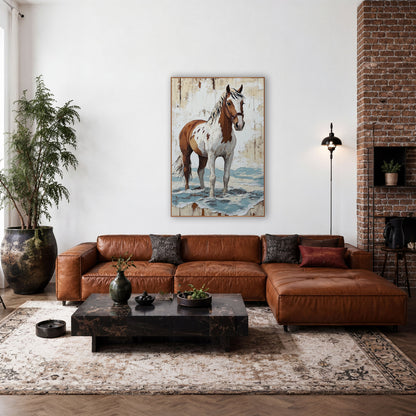 Brown and White Paint Horse Western wall art in a rustic western-style room – brown and white paint horse in a leather