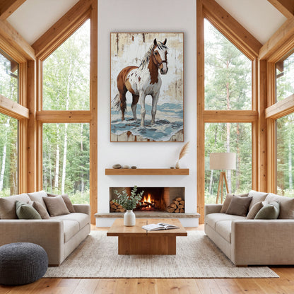 Brown and White Paint Horse Western wall art in a rustic western-style room – brown and white paint horse in a leather