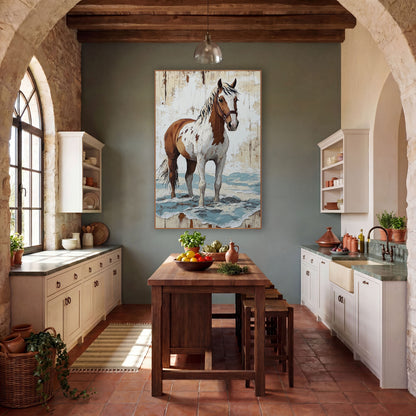 Brown and White Paint Horse Western wall art in a rustic western-style room – brown and white paint horse in a leather