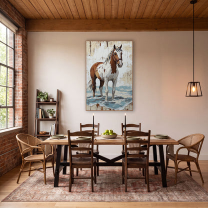 Brown and White Paint Horse Western wall art in a rustic western-style room – brown and white paint horse in a leather