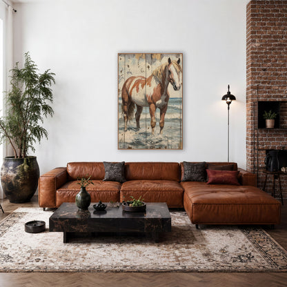 Paint Horse Seaside Rustic Western wall art in a rustic western-style room – chestnut and white paint horse with pale