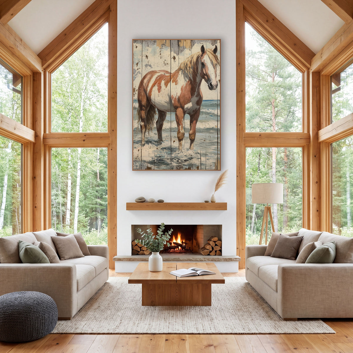 Paint Horse Seaside Rustic Western wall art in a rustic western-style room – chestnut and white paint horse with pale
