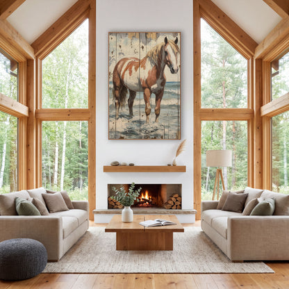 Paint Horse Seaside Rustic Western wall art in a rustic western-style room – chestnut and white paint horse with pale