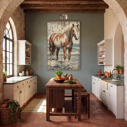 Paint Horse Seaside Rustic Western wall art in a rustic western-style room – chestnut and white paint horse with pale