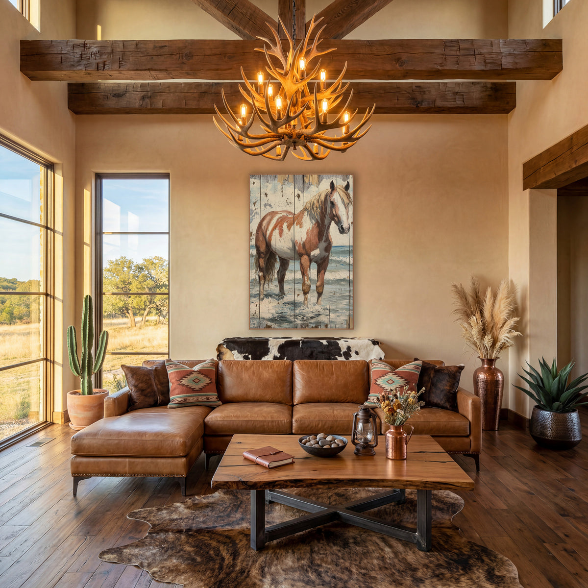 Paint Horse Seaside Rustic Western wall art in a rustic western-style room – chestnut and white paint horse with pale