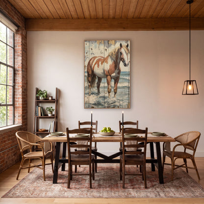 Paint Horse Seaside Rustic Western wall art in a rustic western-style room – chestnut and white paint horse with pale