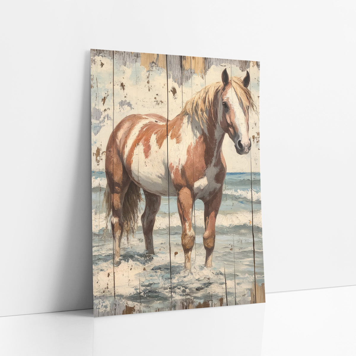 Paint Horse Seaside Rustic Western art print leaning against a white wall – chestnut and white paint horse with pale mane