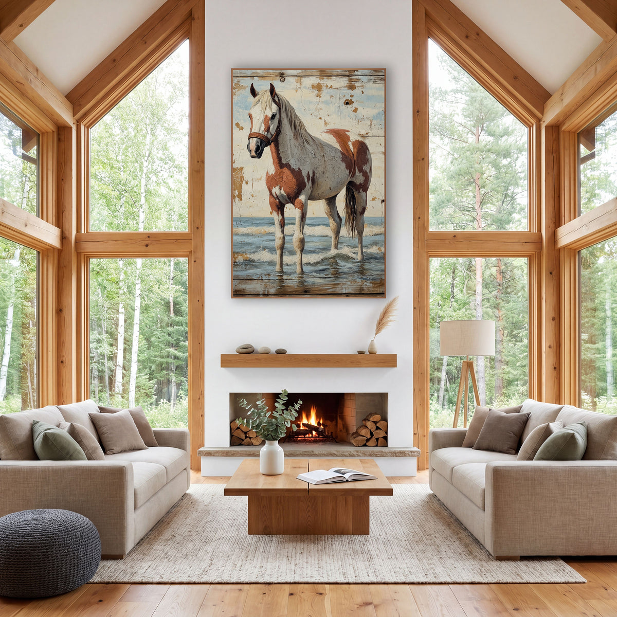 Cracked Cream Paint Horse Coastal wall art in a rustic western-style room – brown and white paint horse in a leather