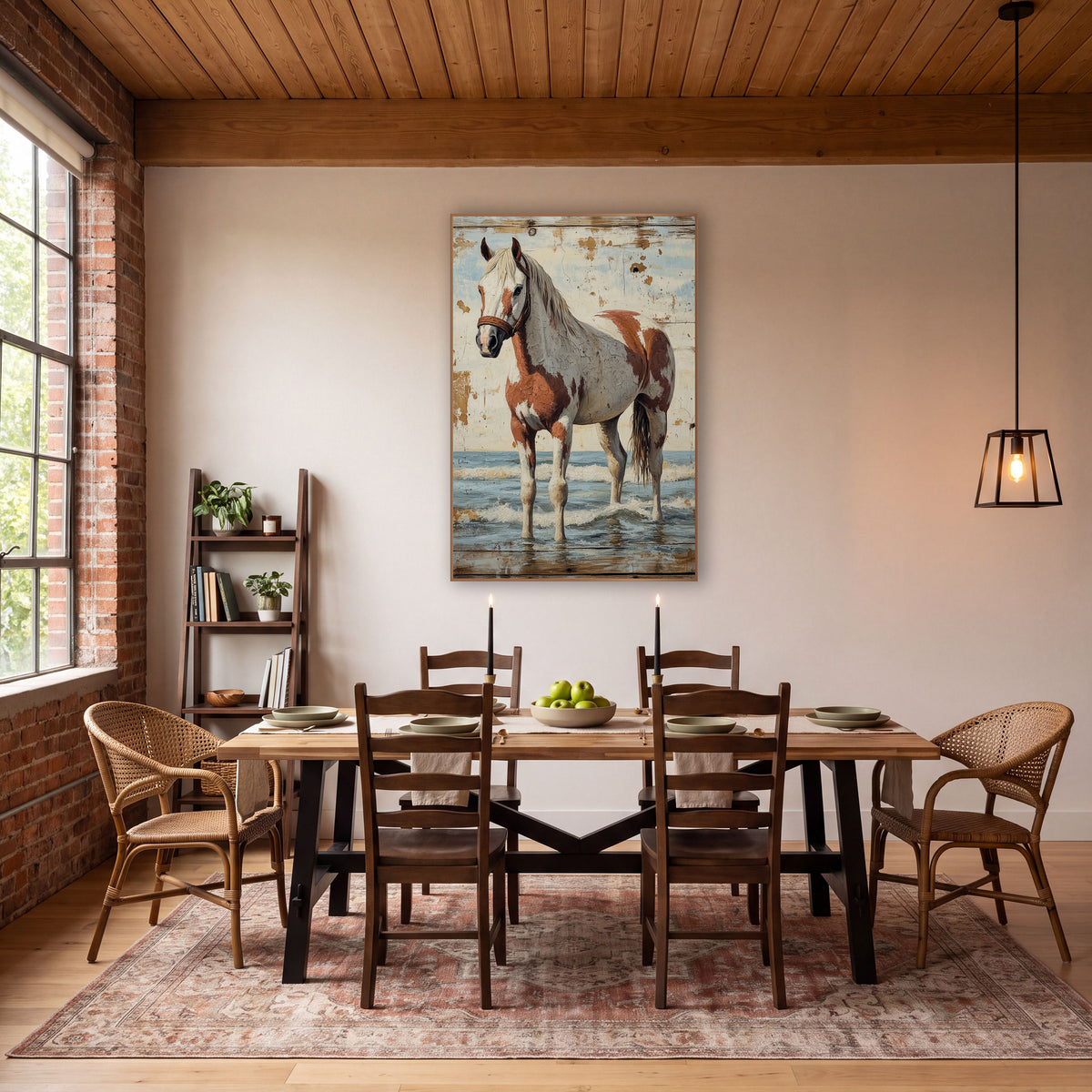 Cracked Cream Paint Horse Coastal wall art in a rustic western-style room – brown and white paint horse in a leather