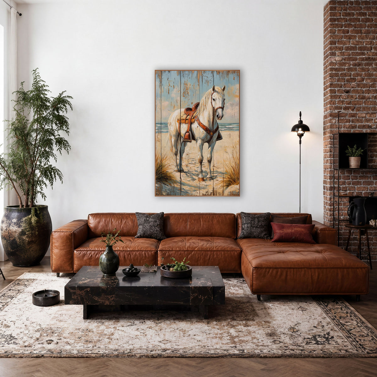 Saddled White Horse Blue Plank Dune wall art in a rustic western-style room – white horse with brown leather saddle