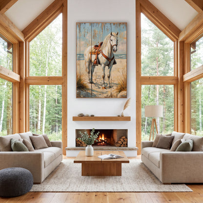 Saddled White Horse Blue Plank Dune wall art in a rustic western-style room – white horse with brown leather saddle