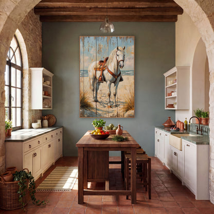 Saddled White Horse Blue Plank Dune wall art in a rustic western-style room – white horse with brown leather saddle