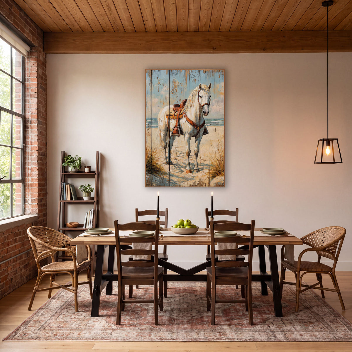 Saddled White Horse Blue Plank Dune wall art in a rustic western-style room – white horse with brown leather saddle