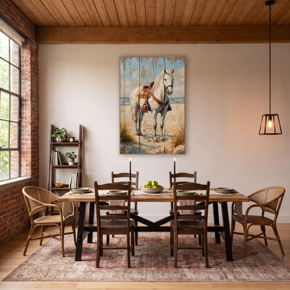 Saddled White Horse Blue Plank Dune wall art in a rustic western-style room – white horse with brown leather saddle