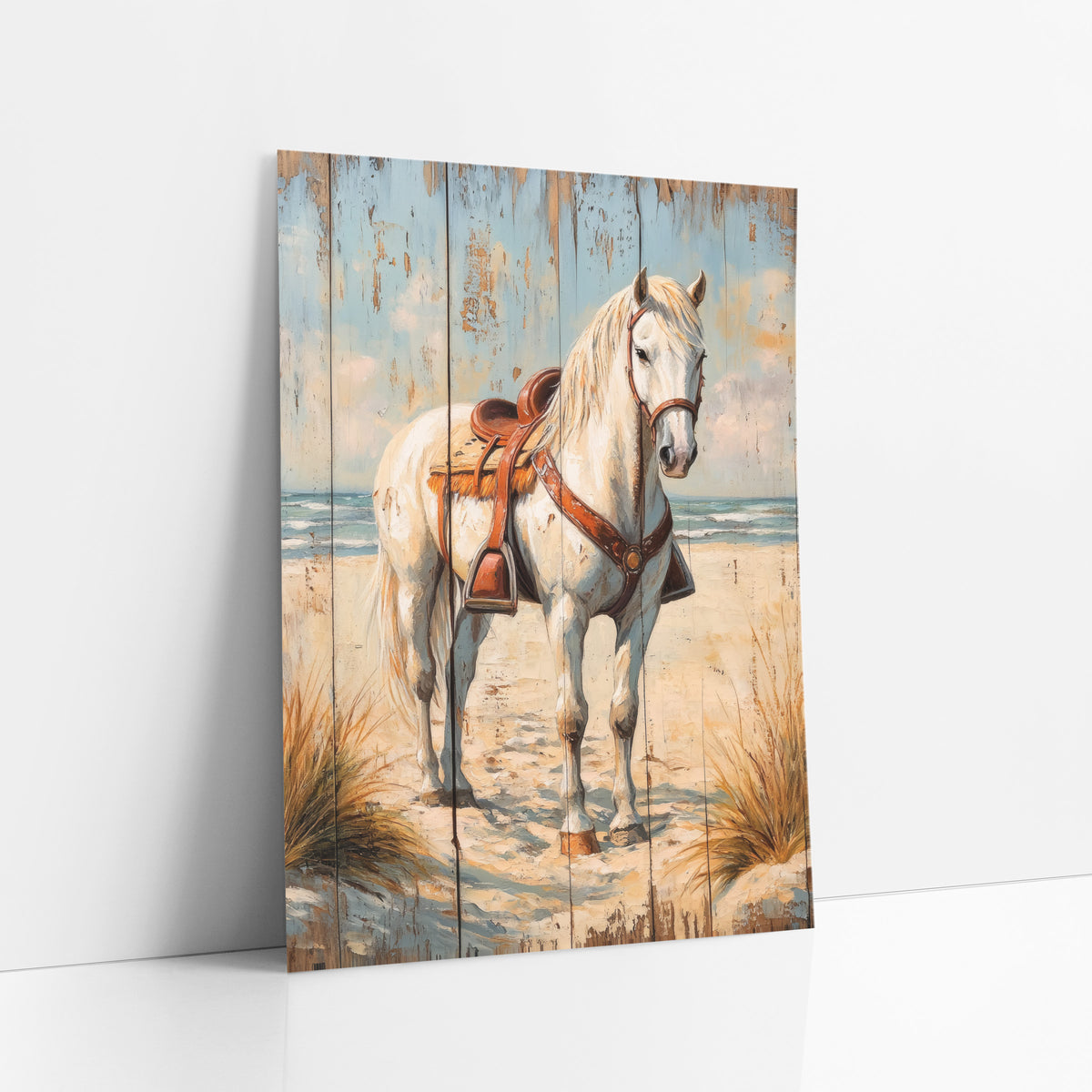 Saddled White Horse Blue Plank Dune art print leaning against a white wall – white horse with brown leather saddle standing