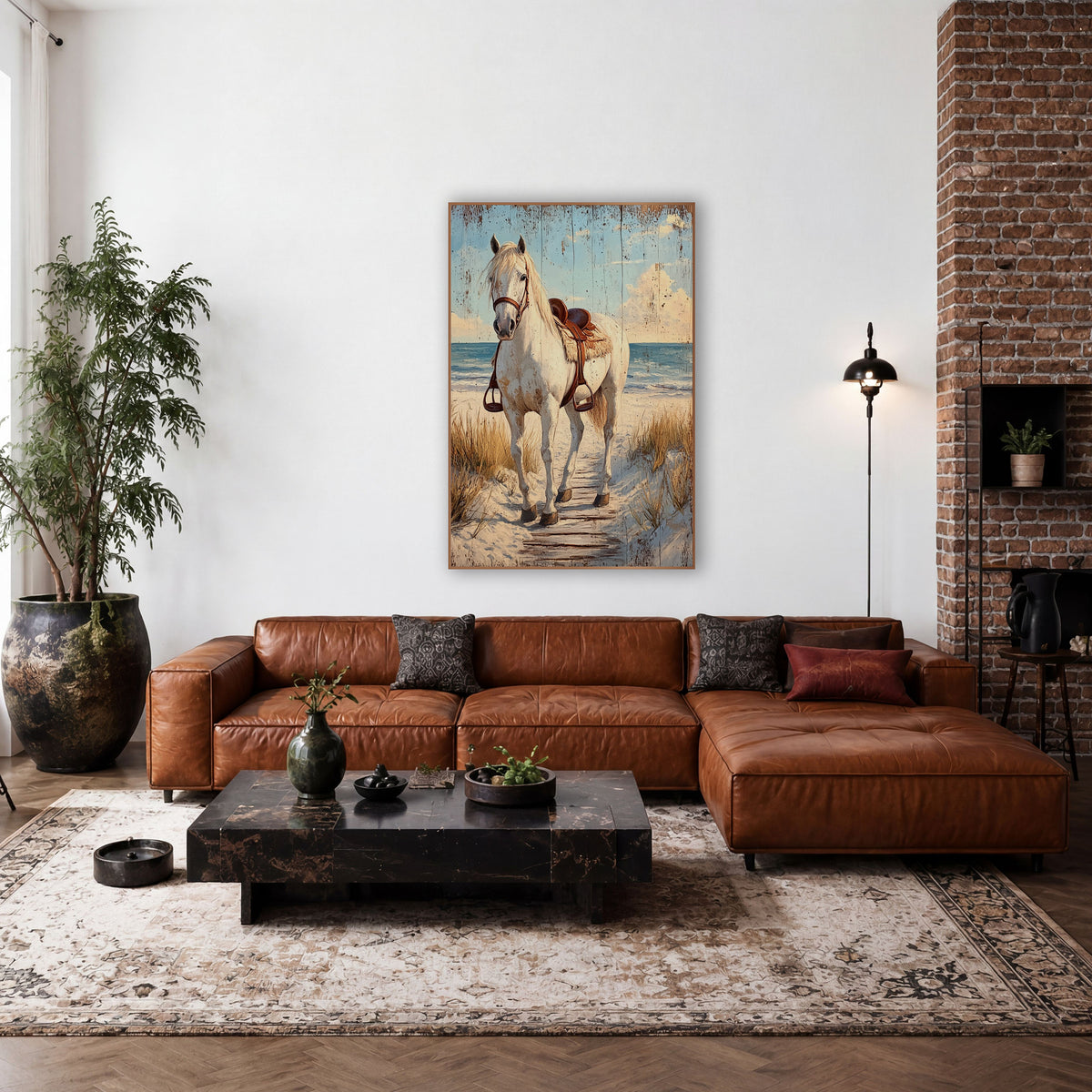 Facing White Horse Boardwalk Trail wall art in a rustic western-style room – white horse with a brown leather saddle